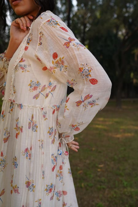 Shop_Dhaari_Off White Handloom Cotton, Silk Embroidery Square Neck Hand Painted Tiered Dress _Online_at_Aza_Fashions