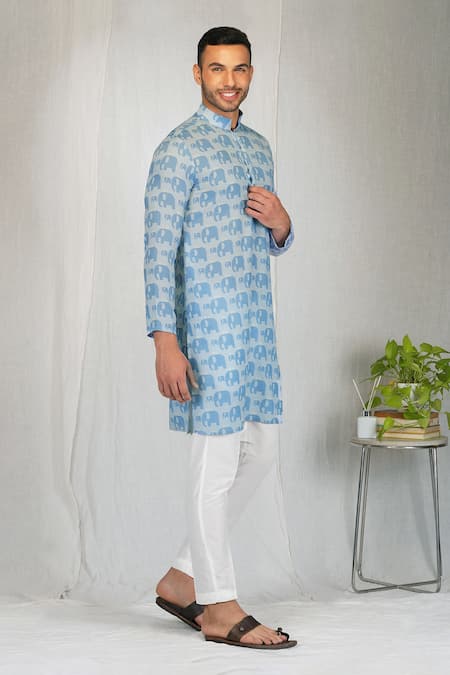 Eleven Brothers_Blue Silk, Cotton All Over Elephant Print Kurta And Pant Set _Online_at_Aza_Fashions