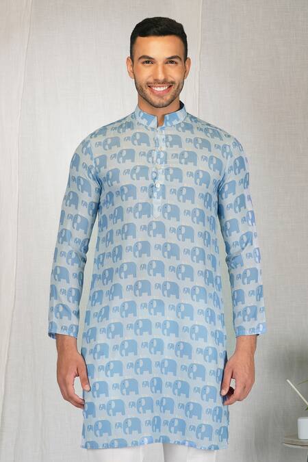 Buy_Eleven Brothers_Blue Silk, Cotton All Over Elephant Print Kurta And Pant Set _Online_at_Aza_Fashions