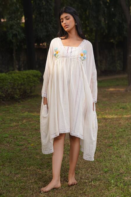 Dhaari_Off White Cotton, Silk Embroidery Ribbon Yoke Dress _Online_at_Aza_Fashions