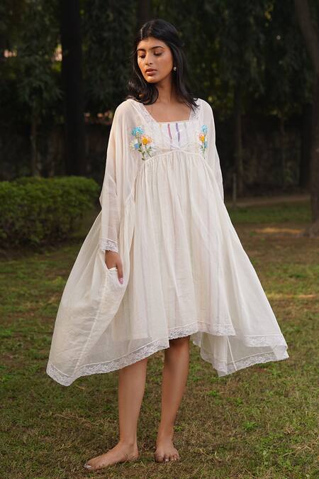 Buy_Dhaari_Off White Cotton, Silk Embroidery Ribbon Yoke Dress _Online_at_Aza_Fashions
