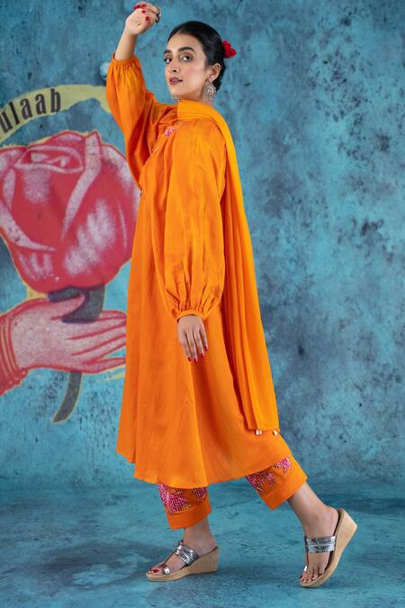 Buy Kacha Tanka Orange Cotton Satin Applique Floral Round Neck Balloon Sleeve Anarkali Set Online at Aza Fashions Buy_Kacha Tanka_Orange Cotton Satin Applique Floral Round Neck Balloon Sleeve Anarkali Set _Online_at_Aza_Fashions