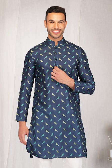 Eleven Brothers_Blue Muslin, Cotton, Silk Embroidery Birds Of Joy Print Kurta And Pant Set _Online_at_Aza_Fashions