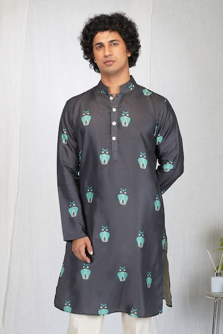 Shop Eleven Brothers Black Muslin, Cotton, Silk Night Owl Print Kurta And Pant Set Online at Aza Fashions Shop_Eleven Brothers_Black Muslin, Cotton, Silk Night Owl Print Kurta And Pant Set _Online_at_Aza_Fashions