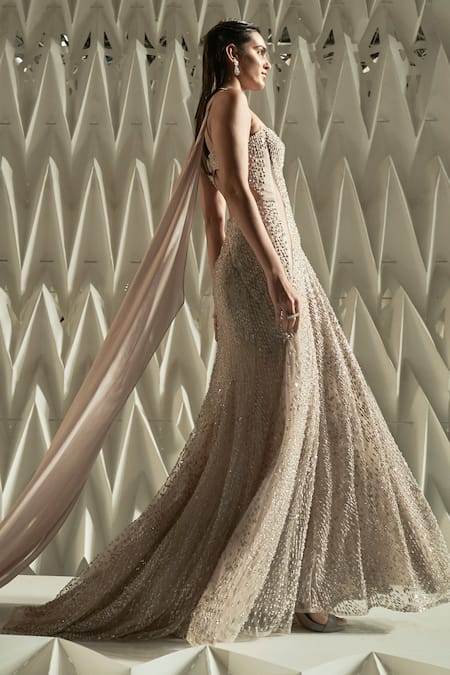 Buy Rohit Gandhi + Rahul Khanna Beige Tulle Crystals, Metallic Thread Sweetheart Neck Nave Gown Online at Aza Fashions Buy_Rohit Gandhi + Rahul Khanna_Beige Tulle Crystals, Metallic Thread Sweetheart Neck Nave Gown _Online_at_Aza_Fashions
