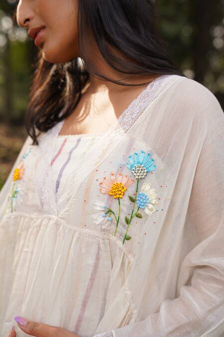 Shop_Dhaari_Off White Cotton, Silk Embroidery Ribbon Yoke Dress _Online_at_Aza_Fashions