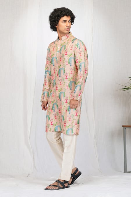 Eleven Brothers_Pink Muslin, Cotton, Silk Flower Garden Print Kurta And Pant Set _Online_at_Aza_Fashions