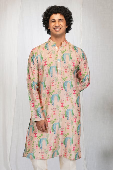Buy_Eleven Brothers_Pink Muslin, Cotton, Silk Flower Garden Print Kurta And Pant Set _Online_at_Aza_Fashions