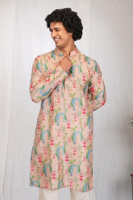 Shop_Eleven Brothers_Pink Muslin, Cotton, Silk Flower Garden Print Kurta And Pant Set _Online_at_Aza_Fashions