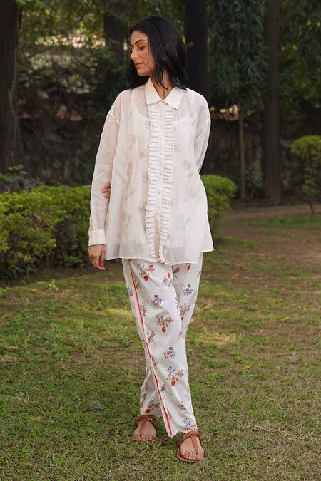 Dhaari_Off White Handloom Cotton, Silk Pearls, Embroidery Handwoven Drop Shoulder Shirt _Online_at_Aza_Fashions