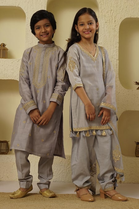 Rar Studio - Kids_Blue Chanderi, Cotton Embroidery Aari Kurta With Pant_Online_at_Aza_Fashions