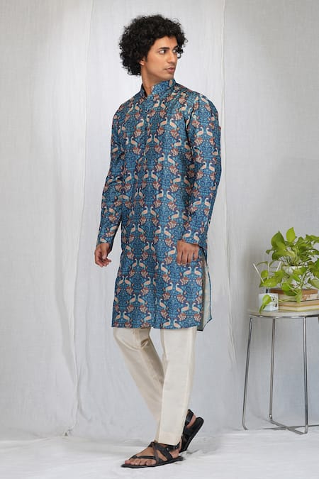 Eleven Brothers_Blue Muslin, Cotton, Silk Peacock Garden Print Kurta And Pant Set _Online_at_Aza_Fashions