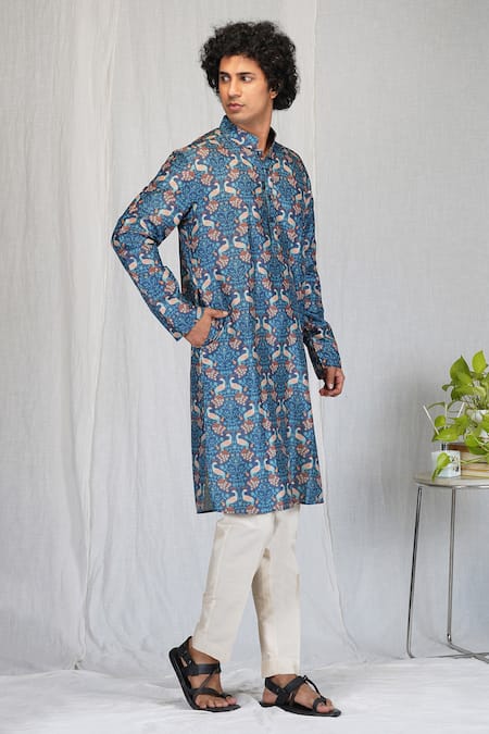 Buy_Eleven Brothers_Blue Muslin, Cotton, Silk Peacock Garden Print Kurta And Pant Set _Online_at_Aza_Fashions
