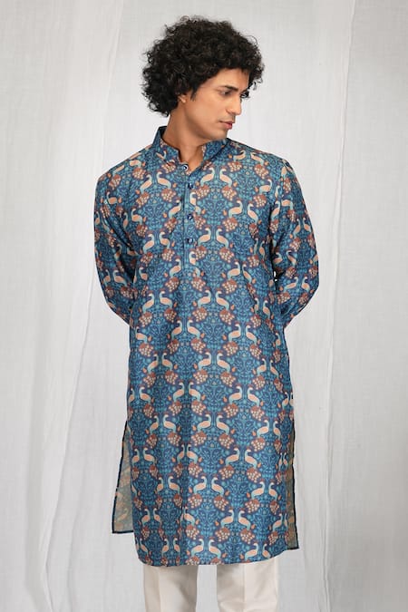 Shop_Eleven Brothers_Blue Muslin, Cotton, Silk Peacock Garden Print Kurta And Pant Set _Online_at_Aza_Fashions