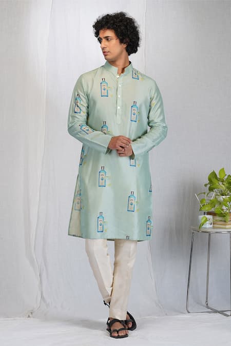 Eleven Brothers_Blue Muslin, Cotton, Silk Gin O Clock Print Kurta And Pant Set _Online_at_Aza_Fashions
