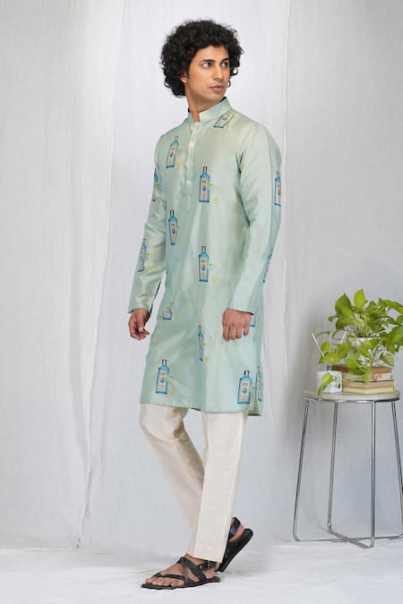 Buy_Eleven Brothers_Blue Muslin, Cotton, Silk Gin O Clock Print Kurta And Pant Set _Online_at_Aza_Fashions