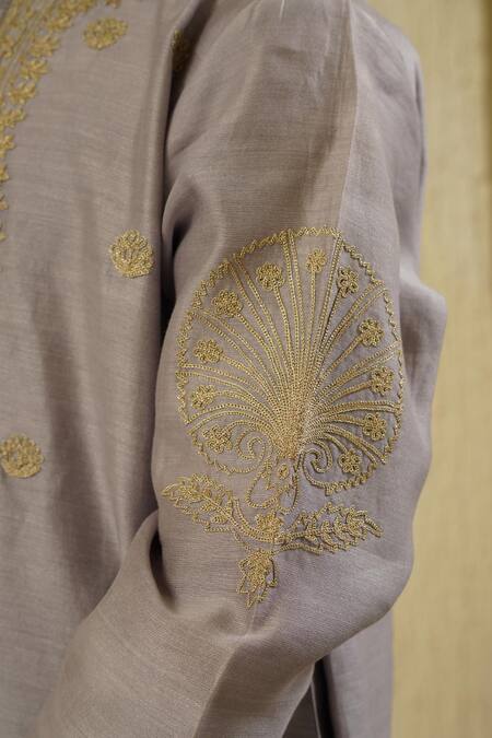 Shop_Rar Studio - Kids_Blue Chanderi, Cotton Embroidery Aari Kurta With Pant_Online_at_Aza_Fashions