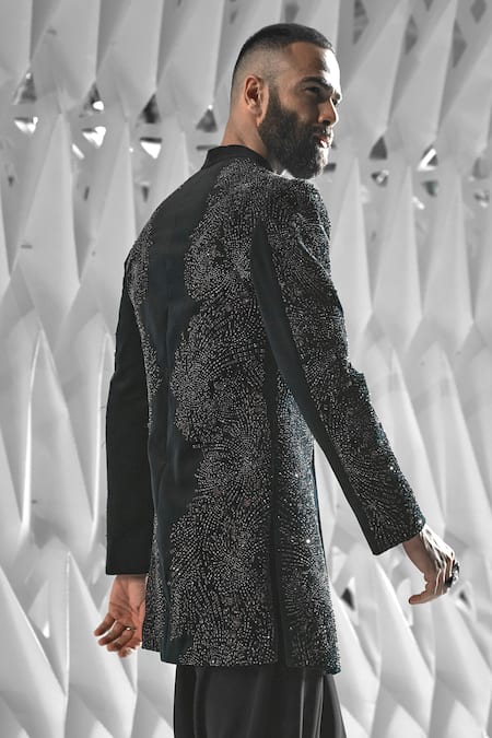 Rohit Gandhi + Rahul Khanna_Blue Velvet Beads, Metallic Thread Embroidered Sherwani _Online_at_Aza_Fashions