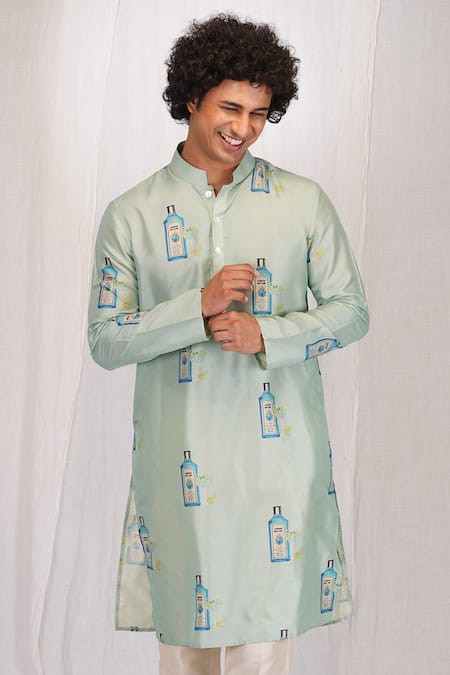 Shop_Eleven Brothers_Blue Muslin, Cotton, Silk Gin O Clock Print Kurta And Pant Set _Online_at_Aza_Fashions