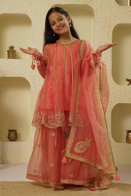 Rar Studio - Kids_Pink Chanderi, Cotton Tassels, Sequins Patra Embroidered Jacket Sharara Set_Online_at_Aza_Fashions