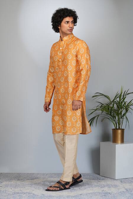 Shop_Eleven Brothers_Yellow Silk, Cotton Amber Print Kurta And Pant Set _Online_at_Aza_Fashions