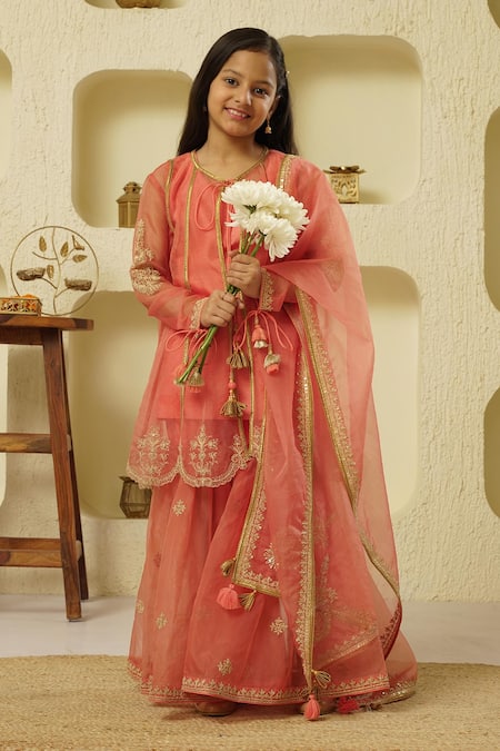 Buy_Rar Studio - Kids_Pink Chanderi, Cotton Tassels, Sequins Patra Embroidered Jacket Sharara Set_Online_at_Aza_Fashions