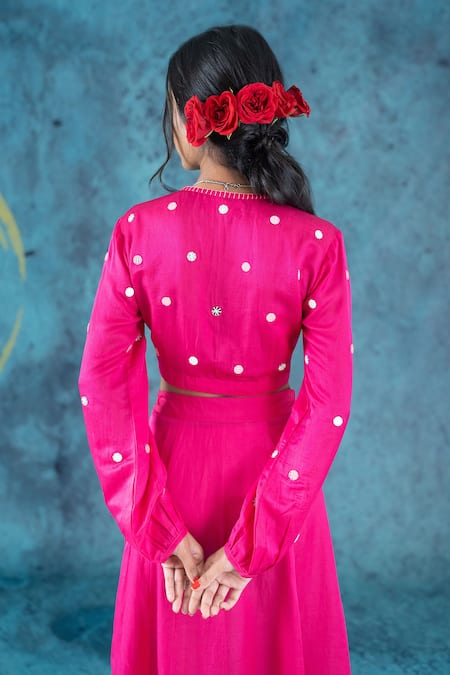 Buy Kacha Tanka Pink Cotton Satin Applique Floral V Neck Mirror Embellished Blouse And Skirt Set Online at Aza Fashions Buy_Kacha Tanka_Pink Cotton Satin Applique Floral V Neck Mirror Embellished Blouse And Skirt Set _Online_at_Aza_Fashions