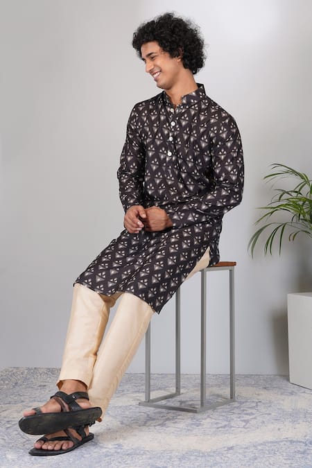Shop_Eleven Brothers_Black Muslin, Cotton, Silk Diamond Print Kurta And Pant Set _Online_at_Aza_Fashions