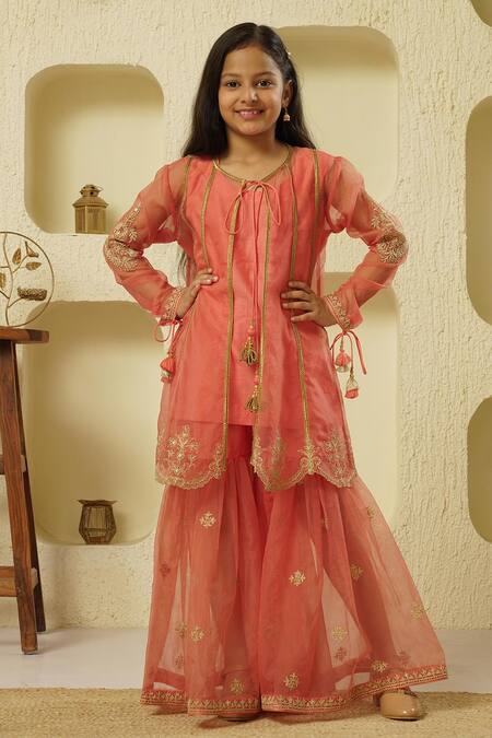 Shop_Rar Studio - Kids_Pink Chanderi, Cotton Tassels, Sequins Patra Embroidered Jacket Sharara Set_Online_at_Aza_Fashions
