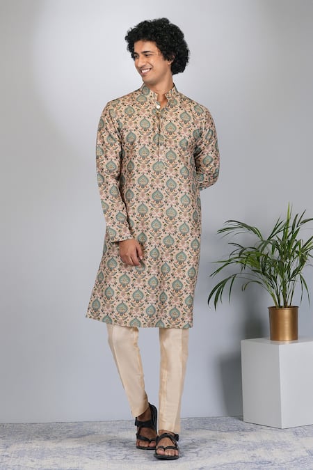 Eleven Brothers_Beige Muslin, Cotton, Silk Embroidery Mughal Bagh Print Kurta And Pant Set _Online_at_Aza_Fashions