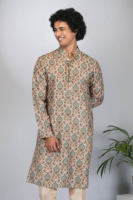 Buy_Eleven Brothers_Beige Muslin, Cotton, Silk Embroidery Mughal Bagh Print Kurta And Pant Set _Online_at_Aza_Fashions