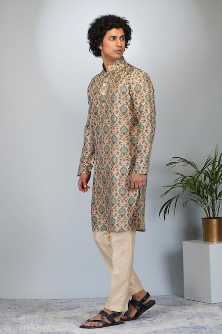 Shop_Eleven Brothers_Beige Muslin, Cotton, Silk Embroidery Mughal Bagh Print Kurta And Pant Set _Online_at_Aza_Fashions