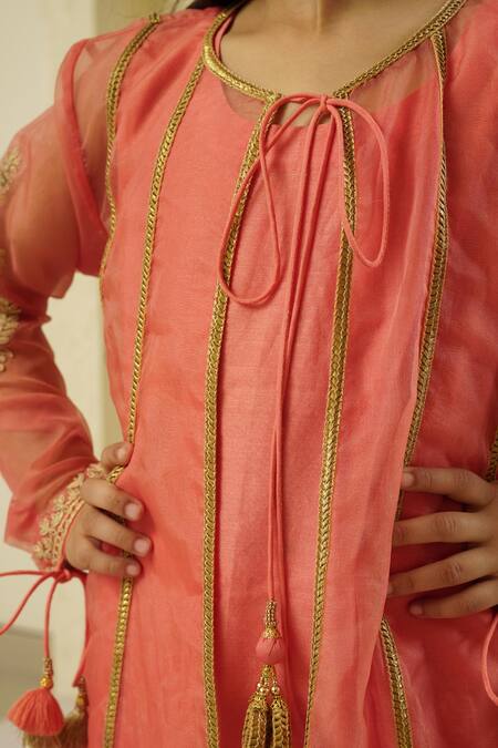 Rar Studio - Kids_Pink Chanderi, Cotton Tassels, Sequins Patra Embroidered Jacket Sharara Set_at_Aza_Fashions