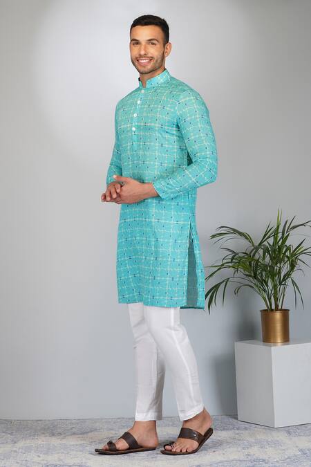 Eleven Brothers_Green Silk, Cotton Embroidery Florets Print Kurta And Pant Set _Online_at_Aza_Fashions