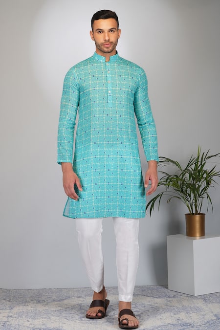 Buy_Eleven Brothers_Green Silk, Cotton Embroidery Florets Print Kurta And Pant Set _Online_at_Aza_Fashions