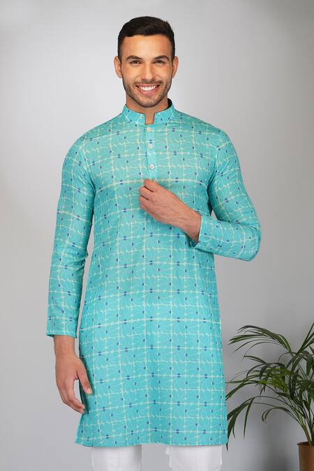 Shop_Eleven Brothers_Green Silk, Cotton Embroidery Florets Print Kurta And Pant Set _Online_at_Aza_Fashions