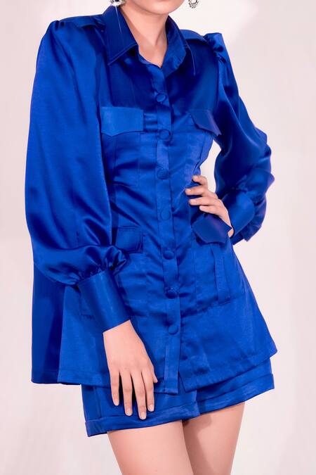 Sonam Parmar Jhawar Blue Satin Stretch Plain Collared Neck Lexi Balloon Sleeve Shirt And Shorts Set Online at Aza Fashions Sonam Parmar Jhawar_Blue Satin Stretch Plain Collared Neck Lexi Balloon Sleeve Shirt And Shorts Set_Online_at_Aza_Fashions