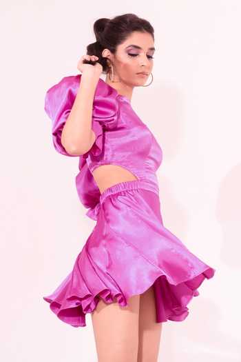 SONAM PARMAR JHAWAR Pink Textured Silk Plain Round Madelyne Side Cut Out Dress Online at Aza Fashions SONAM PARMAR JHAWAR_Pink Textured Silk Plain Round Madelyne Side Cut Out Dress_Online_at_Aza_Fashions