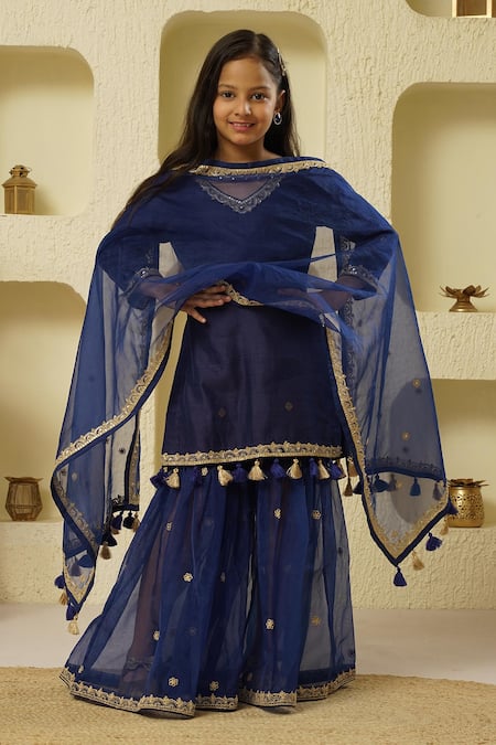 Rar Studio - Kids_Blue Chanderi, Cotton Sequins, Tassels Embellished Border Kurta Sharara Set_Online_at_Aza_Fashions