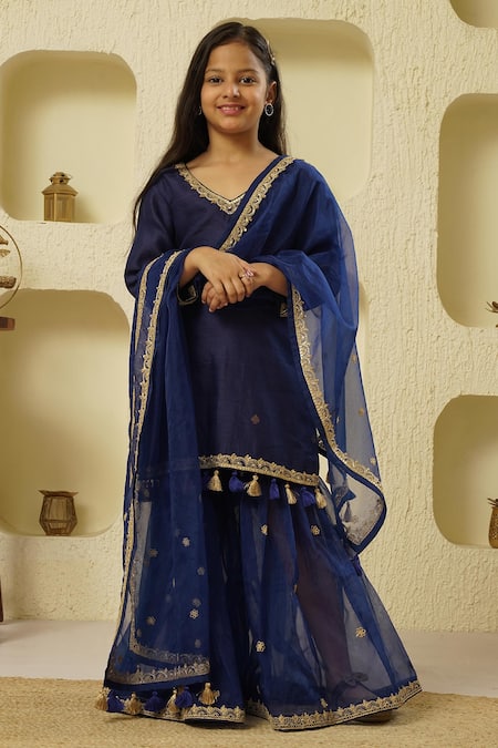 Buy_Rar Studio - Kids_Blue Chanderi, Cotton Sequins, Tassels Embellished Border Kurta Sharara Set_Online_at_Aza_Fashions