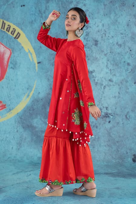 Shop Kacha Tanka Red Cotton Satin Applique Floral Round Neck Asymmetric Kurta Sharara Set Online at Aza Fashions Shop_Kacha Tanka_Red Cotton Satin Applique Floral Round Neck Asymmetric Kurta Sharara Set _Online_at_Aza_Fashions