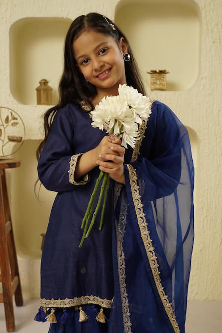 Rar Studio - Kids_Blue Chanderi, Cotton Sequins, Tassels Embellished Border Kurta Sharara Set_at_Aza_Fashions