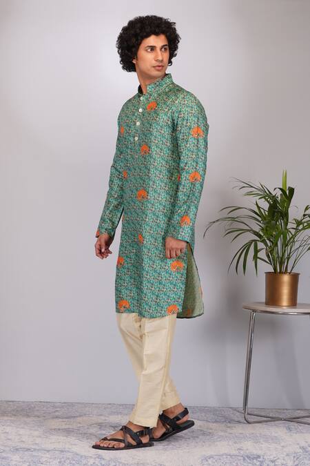 Eleven Brothers_Green Silk, Cotton Tiger Land Print Kurta And Pant Set _Online_at_Aza_Fashions