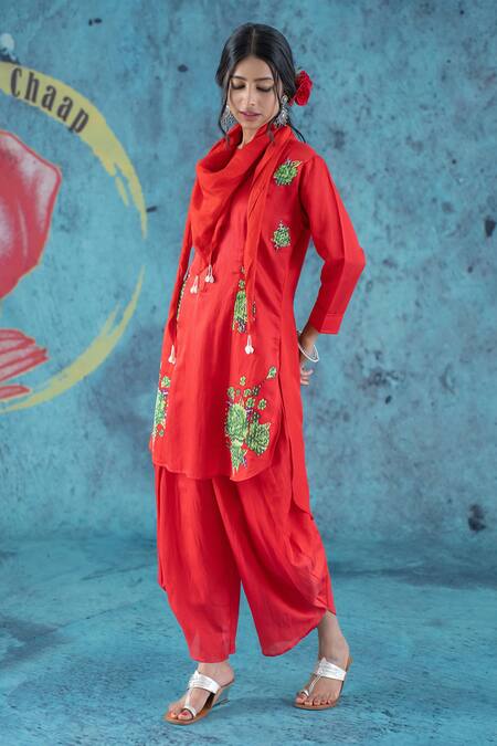 Buy Kacha Tanka Red Cotton Satin Applique Floral Round Neck Rose Pattern Kurta Set Online at Aza Fashions Buy_Kacha Tanka_Red Cotton Satin Applique Floral Round Neck Rose Pattern Kurta Set _Online_at_Aza_Fashions