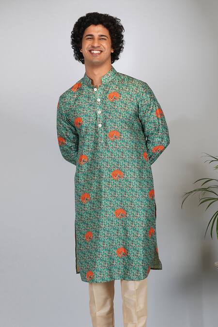 Buy_Eleven Brothers_Green Silk, Cotton Tiger Land Print Kurta And Pant Set _Online_at_Aza_Fashions