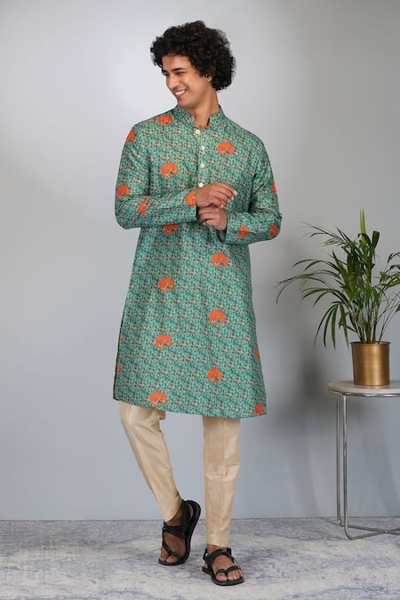 Shop_Eleven Brothers_Green Silk, Cotton Tiger Land Print Kurta And Pant Set _Online_at_Aza_Fashions