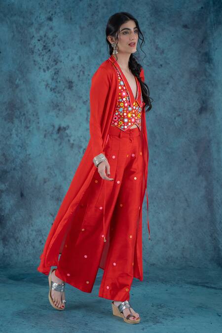 Buy Kacha Tanka Red Dupion Art Silk Embroidery Floral Lapel Mirror And Thread Crop Top Cape Set Online at Aza Fashions Buy_Kacha Tanka_Red Dupion Art Silk Embroidery Floral Lapel Mirror And Thread Crop Top Cape Set _Online_at_Aza_Fashions