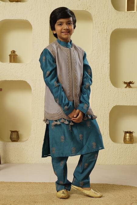 Shop_Rar Studio - Kids_Blue Chanderi, Cotton Tassels, Embroidery Quilted Dori Jacket Kurta Set_Online_at_Aza_Fashions