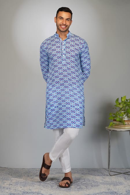 Eleven Brothers_Blue Silk, Cotton Diamond Tile Print Kurta And Pant Set _Online_at_Aza_Fashions