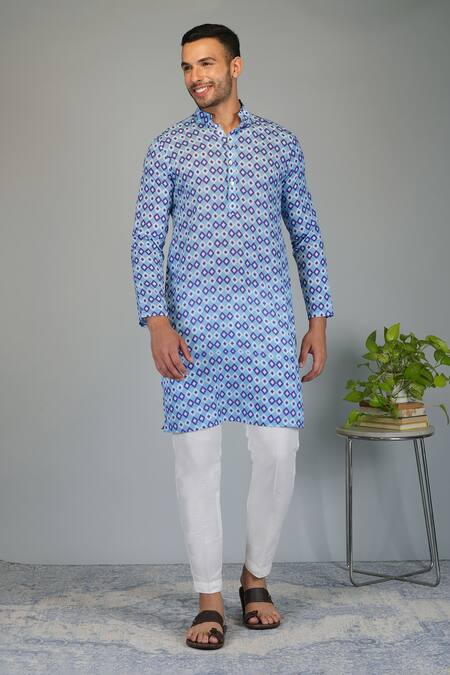 Buy_Eleven Brothers_Blue Silk, Cotton Diamond Tile Print Kurta And Pant Set _Online_at_Aza_Fashions